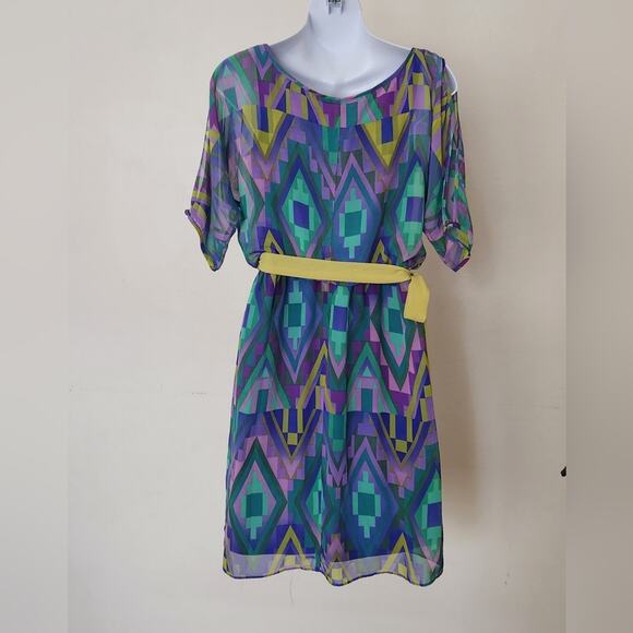 ADRIANNA PAPELL Green Yellow Purple  Geometric Print Cold Shoulder Sleeve Dress - Picture 4 of 11